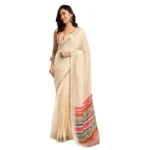 Women's Faux Linen Floral Print Ready to wear Saree With Unstitched Blouse 5.5Mtr (Cream) - Image 5