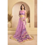 Women's Faux Linen Floral Ready to wear Saree With Unstitched Blouse 5.5Mtr (Lavender) - Image 4