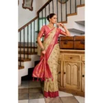 Women's Silk Blend Booti Work Ready to wear Saree With Unstitched Blouse 5.5Mtr (LightBeige) - Image 2