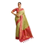 Women's Silk Blend Booti Work Ready to wear Saree With Unstitched Blouse 5.5Mtr (Green) - Image 5
