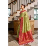 Women's Silk Blend Booti Work Ready to wear Saree With Unstitched Blouse 5.5Mtr (Green) - Image 3