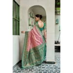 Women's Silk Blend Booti Work Ready to wear Saree With Unstitched Blouse 5.5Mtr (Peach) - Image 4