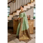 Women's Silk Blend Booti Work Ready to wear Saree With Unstitched Blouse 5.5Mtr (SeaGreen) - Image 3
