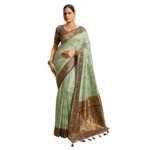 Women's Silk Blend Booti Work Ready to wear Saree With Unstitched Blouse 5.5Mtr (SeaGreen) - Image 5