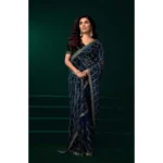 Women's Net Sequence Saree With Unstitched Blouse 5.5Mtr (Blue) - Image 3