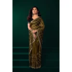 Women's Net Sequence Saree With Unstitched Blouse 5.5Mtr (Mahendi) - Image 3