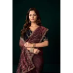 Women's Net Sequence Saree With Unstitched Blouse 5.5Mtr (Maroon) - Image 2