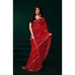 Women's Net Sequence Saree With Unstitched Blouse 5.5Mtr (Red) - Image 2