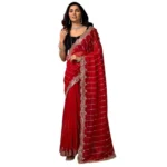 Women's Net Sequence Saree With Unstitched Blouse 5.5Mtr (Red) - Image 5