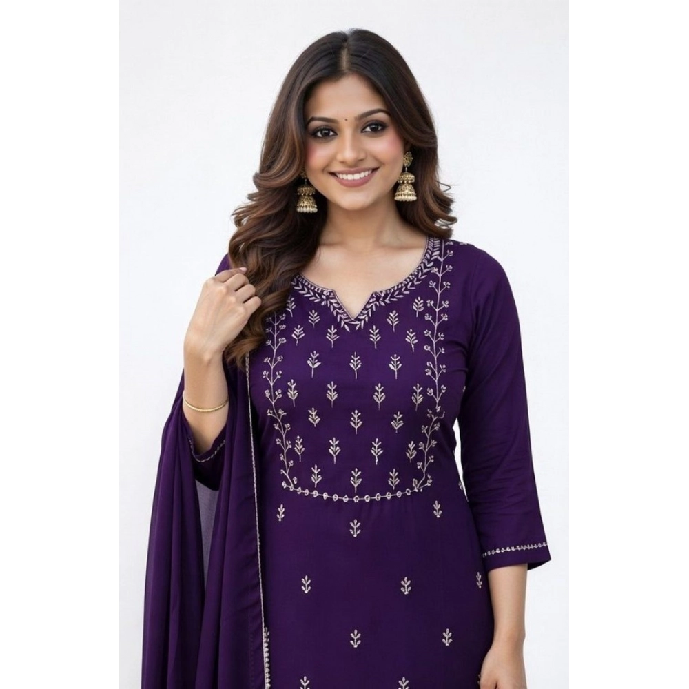 PID-65966-Women-s-Georgette-Ethnic-Motif-V-Neck-Three-Quarter-Sleeve-Kurti-With-Pant-Dupatta-Set-P-1000x1000-1.webp Women's Georgette Ethnic Motif Round 3/4th Sleeve Kurti With Pant Dupatta Set (Purple) - Image 1