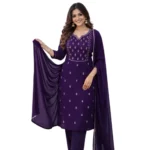 Women's Georgette Ethnic Motif Round 3/4th Sleeve Kurti With Pant Dupatta Set (Purple) - Image 2