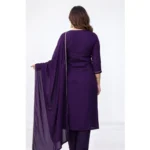 Women's Georgette Ethnic Motif Round 3/4th Sleeve Kurti With Pant Dupatta Set (Purple) - Image 4