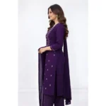 Women's Georgette Ethnic Motif Round 3/4th Sleeve Kurti With Pant Dupatta Set (Purple) - Image 5