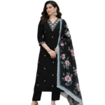 Women's Chanderi Silk Ethnic Motif V-Neck 3/4th Sleeve Kurti With Pant Dupatta Set (Black) - Image 3