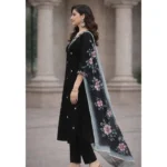Women's Chanderi Silk Ethnic Motif V-Neck 3/4th Sleeve Kurti With Pant Dupatta Set (Black) - Image 4