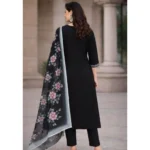 Women's Chanderi Silk Ethnic Motif V-Neck 3/4th Sleeve Kurti With Pant Dupatta Set (Black) - Image 5