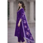 Women's Chanderi Silk Ethnic Motif V-Neck 3/4th Sleeve Kurti With Pant Dupatta Set (Purple) - Image 3