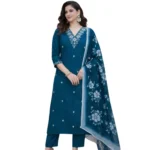 Women's Chanderi Silk Ethnic Motif V-Neck 3/4th Sleeve Kurti With Pant Dupatta Set (Teal) - Image 3