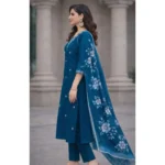 Women's Chanderi Silk Ethnic Motif V-Neck 3/4th Sleeve Kurti With Pant Dupatta Set (Teal) - Image 4