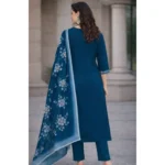 Women's Chanderi Silk Ethnic Motif V-Neck 3/4th Sleeve Kurti With Pant Dupatta Set (Teal) - Image 5