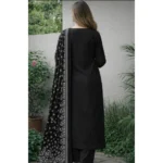 Women's Chanderi Silk Ethnic Motif Round 3/4th Sleeve Kurti With Pant Dupatta Set (Black) - Image 3