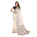 Women's Linen Cotton Printed Saree With Unstitched Blouse 5.5Mtr (Off White) - Image 5
