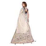 Women's Linen Cotton Printed Saree With Unstitched Blouse 5.5Mtr (Off White) - Image 4
