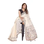 Women's Linen Cotton Printed Saree With Unstitched Blouse 5.5Mtr (Off White)