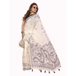 Women's Linen Cotton Printed Saree With Unstitched Blouse 5.5Mtr (Off White) - Image 2