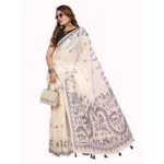 Women's Linen Cotton Printed Saree With Unstitched Blouse 5.5Mtr (Off White)