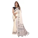 Women's Linen Cotton Printed Saree With Unstitched Blouse 5.5Mtr (Off White) - Image 6