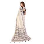 Women's Linen Cotton Printed Saree With Unstitched Blouse 5.5Mtr (Off White) - Image 5