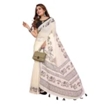 Women's Linen Cotton Printed Saree With Unstitched Blouse 5.5Mtr (Off White) - Image 4