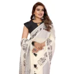 Women's Linen Cotton Printed Saree With Unstitched Blouse 5.5Mtr (Off White)