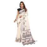 Women's Linen Cotton Printed Saree With Unstitched Blouse 5.5Mtr (Off White) - Image 5