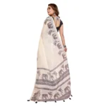Women's Linen Cotton Printed Saree With Unstitched Blouse 5.5Mtr (Off White) - Image 6
