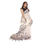 Women's Linen Cotton Printed Saree With Unstitched Blouse 5.5Mtr (Off White) - Image 4
