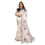 Women's Linen Cotton Printed Saree With Unstitched Blouse 5.5Mtr (Off White) - Image 6