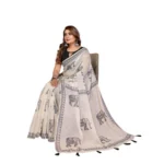 Women's Linen Cotton Printed Saree With Unstitched Blouse 5.5Mtr (Off White) - Image 4