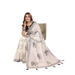Women's Linen Cotton Printed Saree With Unstitched Blouse 5.5Mtr (Off White)