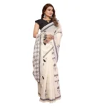 Women's Linen Cotton Printed Saree With Unstitched Blouse 5.5Mtr (Off White) - Image 6