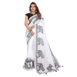 Women's Linen Cotton Printed Saree With Unstitched Blouse 5.5Mtr (White) - Image 6
