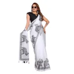 Women's Linen Cotton Printed Saree With Unstitched Blouse 5.5Mtr (White) - Image 4