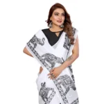 Women's Linen Cotton Printed Saree With Unstitched Blouse 5.5Mtr (White)