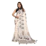 Women's Linen Cotton Printed Saree With Unstitched Blouse 5.5Mtr (Off White) - Image 6