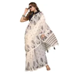 Women's Linen Cotton Printed Saree With Unstitched Blouse 5.5Mtr (Off White) - Image 4
