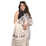 Women's Linen Cotton Printed Saree With Unstitched Blouse 5.5Mtr (Off White)