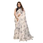 Women's Linen Cotton Printed Saree With Unstitched Blouse 5.5Mtr (Off White) - Image 2