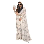 Women's Linen Cotton Printed Saree With Unstitched Blouse 5.5Mtr (Off White) - Image 5