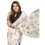 Women's Linen Cotton Printed Saree With Unstitched Blouse 5.5Mtr (Off White)